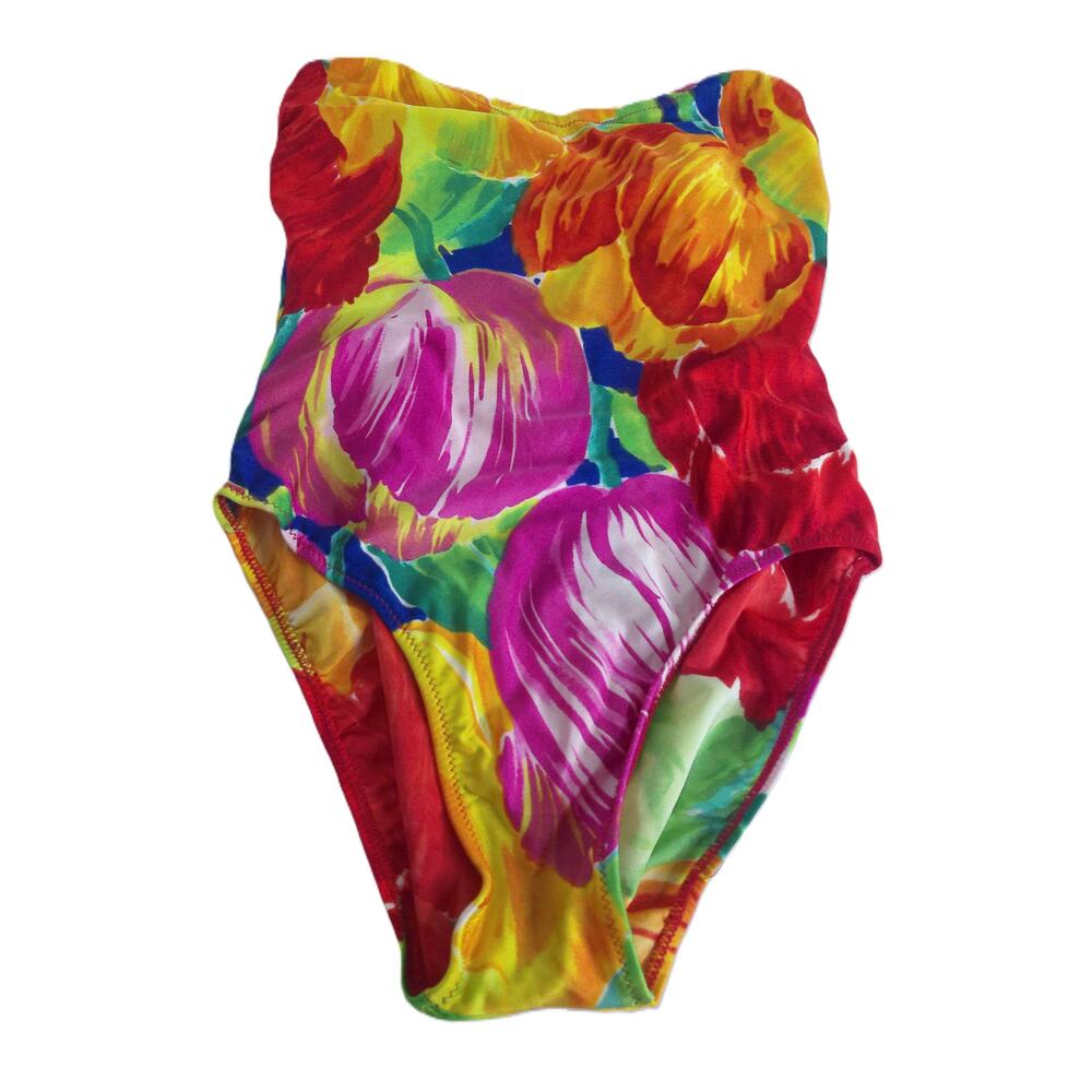 Vtg 80s Gottex One Piece Swimsuit Floral Psychedelic High Cut Maillot Size 14 - Picture 4 of 8